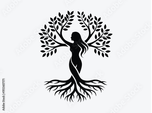 Symbolic Silhouette of a Woman as a Tree of Life with Roots and Leaves