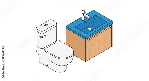 A white ceramic toilet with a grey handle is situated beside a wooden vanity cabinet featuring a blue sink and a silver faucet.