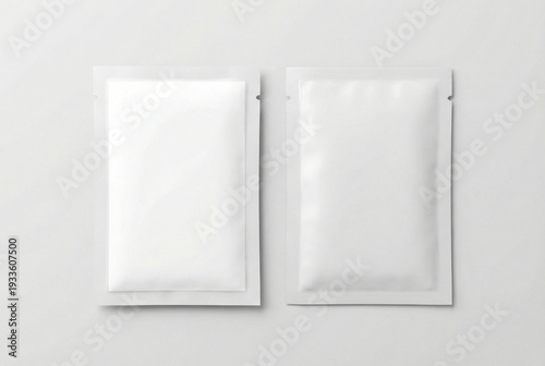 Two identical blank white sachets or small packets on a clean light background.