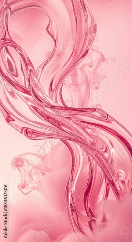 Dynamic swirling ribbons of translucent pink substance flow gracefully against a soft background.