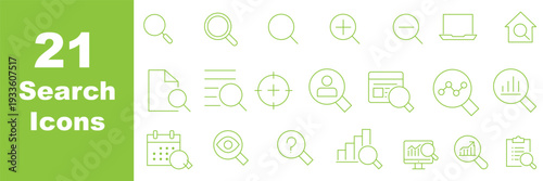 Search thin line icons set. Magnifying glass, find, zoom icon. Editable stroke. Vector