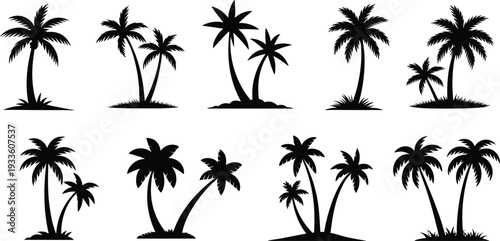 Silhouette of Tropical Palm Trees and Island Landscape Collection Isolated on White Background, Black Exotic Beach Nature Set for Graphic Design