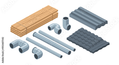 A collection of construction materials including wooden planks, grey pipes, corrugated metal sheets, and roof tiles is displayed.