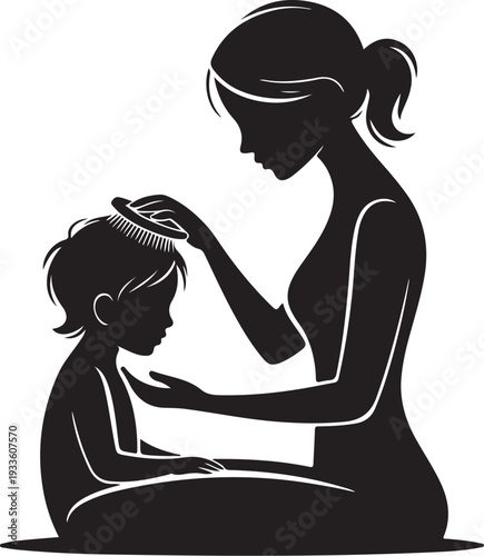 Black silhouette of woman combing child's hair