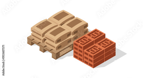 Brown cement bags stacked on a wooden pallet are placed beside two stacks of red-orange bricks with visible holes.