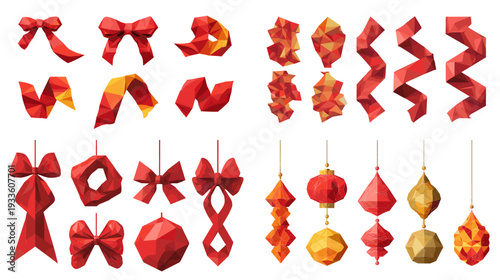 Red ribbon bows and curled gift ribbons with festive Chinese lanterns, perfect for holiday packaging, sale banners, New Year decorations and celebration design elements.