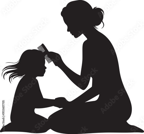 Black silhouette of woman combing girl's hair combing
