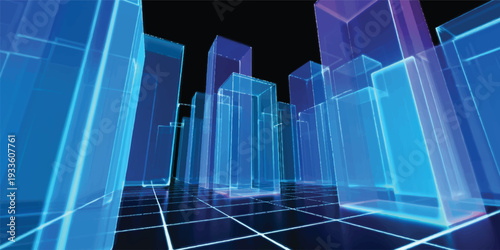 Blue business graph illustration featuring a digital financial chart over an abstract urban skyline with 3d architecture and blue skyscraper buildings in a modern city technology concept
