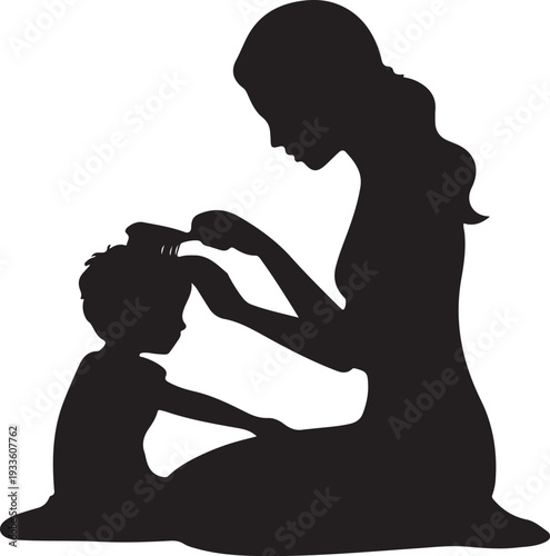 Black silhouette of woman combing little boy's hair