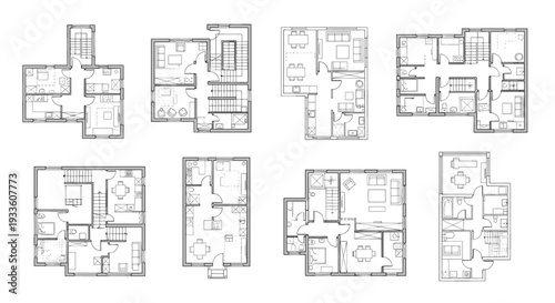 Eight distinct architectural floor plans, each depicting unique room layouts and residential configurations, are presented on a white background.