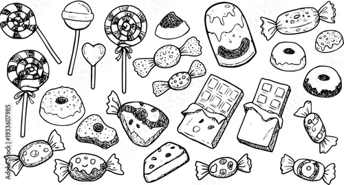 Hand-drawn doodle style illustration of an assortment of sweet treats including candies, lollipops, donuts, and chocolate bars on a white background.