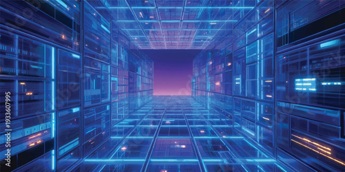 Futuristic blue city tunnel with a digital technology pattern illustrating a motion network and communication concept for a modern business data background