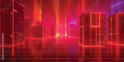 A futuristic digital web pattern featuring a red abstract background with tech lines and light waves for a business communication backdrop