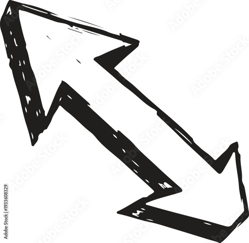 A bold, hand-drawn double-ended arrow with a gritty, distressed texture. This urban street art-style graphic is perfect for indicating direction in punk-themed designs, streetwear, and edgy digital la