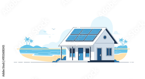 A charming white beach house with blue doors and solar panels on its roof stands on a sandy shore beside a calm blue ocean.