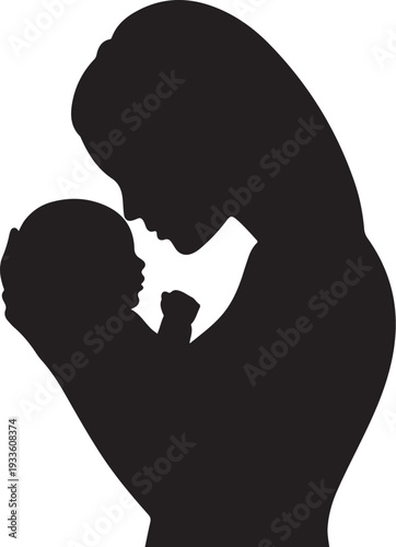 Black silhouette of woman holding baby close to her face
