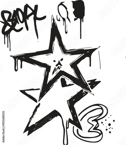 A gritty, high-contrast street art composition featuring stylized dripping stars and urban graffiti-style lettering.