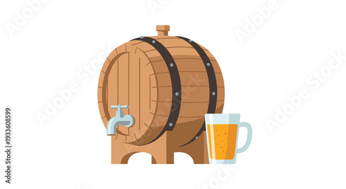A rustic wooden beer barrel with a metal tap is positioned next to a clear glass mug filled with golden beer on a clean white background.