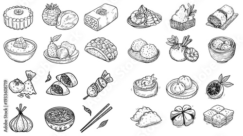 Hand drawn food doodles collection with sushi, bread, cheese, noodles and desserts in blue ink on yellow background, ideal for menu design, cafe branding and packaging.
