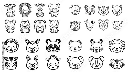 Black and white cute animal icon set with hand drawn faces and simple cartoon zoo characters, perfect for kids design, stickers, logos and coloring pages.