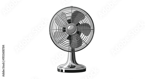 A sleek, grayscale desk fan with a silver base and dark gray blades is prominently displayed on an uncluttered white background.