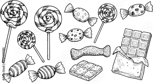 Hand-drawn black and white sketch set of various sweets, including lollipops, wrapped candies, a chocolate bar, fudge, and other confections
