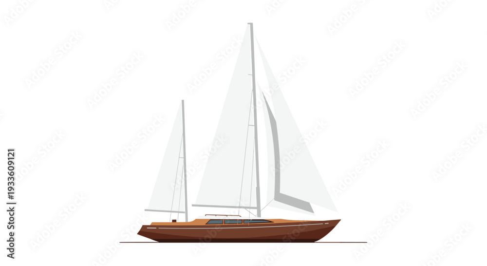 Fototapeta premium A elegant brown sailboat with two large white triangular sails is depicted in a side profile against a clean white background.
