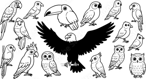 Cute cartoon birds vector collection: Black and white line art set with various bird species, including parrots, owls, toucan, eagle, and small songbirds.