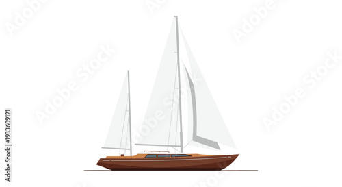 A elegant brown sailboat with two large white triangular sails is depicted in a side profile against a clean white background.