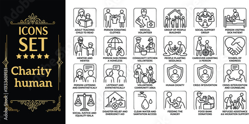 Collection of charity-themed icons depicting various human actions and emotions through simple illustrations
