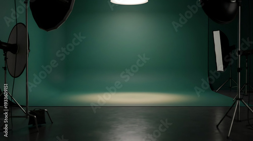 Empty professional photo studio setup with teal green backdrop and various lighting equipment for photography.