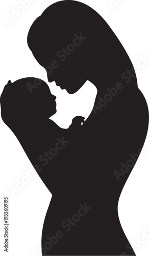 Black silhouette of woman holding baby to her cheek