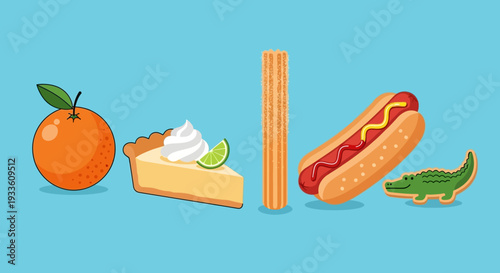 Assorted vibrant food items arranged neatly on a light blue background from a front view