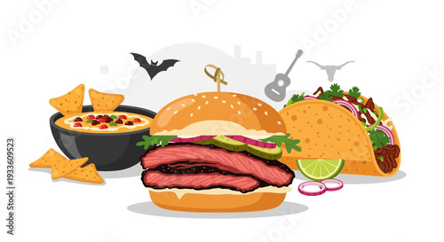 Vibrant Mexican food illustration featuring tacos, burgers, and nachos on a lively festive background from a direct viewpoint