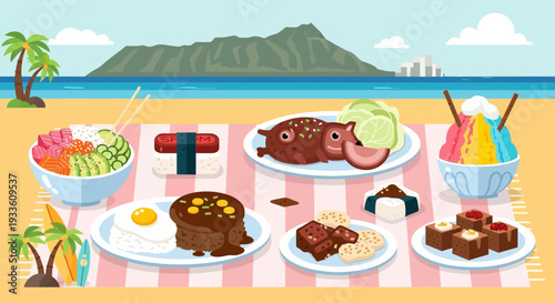 A serene beach picnic scene with food, desserts, and drinks laid out on a checkered blanket