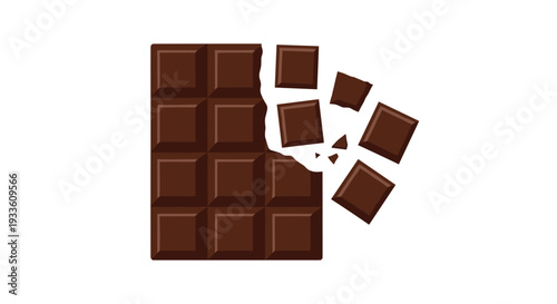A dark brown chocolate bar, partially broken into several individual squares, is depicted with a jagged edge against a clean white background.