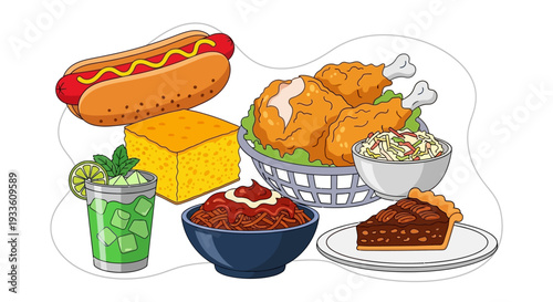 Assorted delicious food items including hotdog, cake, fried chicken, coleslaw, and ribs on a table top view