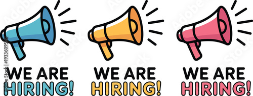 "We Are Hiring Megaphone Announcement with Colorful Loudspeakers and Job Vacancy Banner in Vector Illustration"