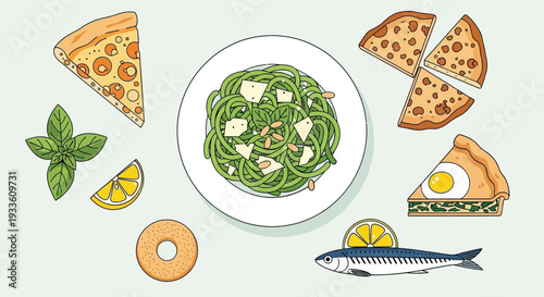 Assorted food items including pasta, pizza, fish, and toast are displayed on a light background from a top view