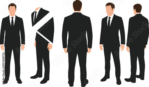Businessman in black suit vector illustration showing multiple angles and creative fragmented style, professional male character design for animation, modeling, and stock graphics