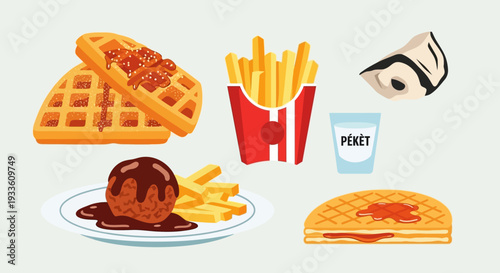 Assorted breakfast foods including waffles, fries, and pancakes displayed on a clean white surface from a top-down viewpoint