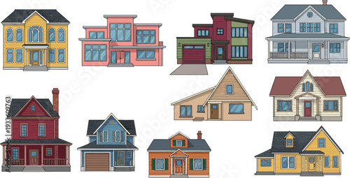 Collection of diverse residential house silhouettes with modern, traditional, and cottage architecture styles, vector illustration design for real estate, 