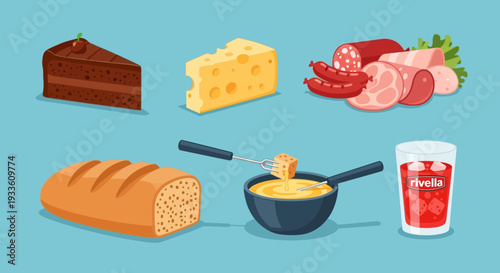 A digital illustration of various food items on a blue background from a top view.