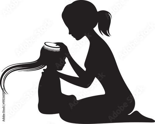 Black silhouette woman combing girl's long hair combing