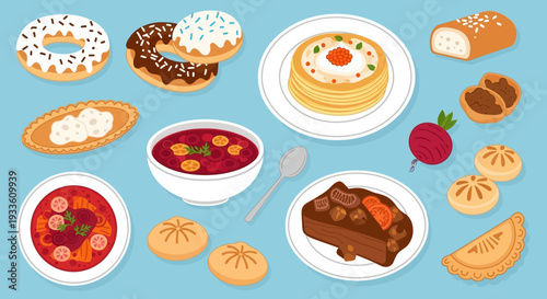 Assorted traditional dishes and desserts on plates displayed on a blue table from an overhead viewpoint