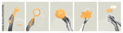Business concepts: tools, ideas, strategy, and finance. Trendy halftone collage. A modern set of business collages featuring hands holding a wrench, magnifying glass, light bulb, cloud of gears, and