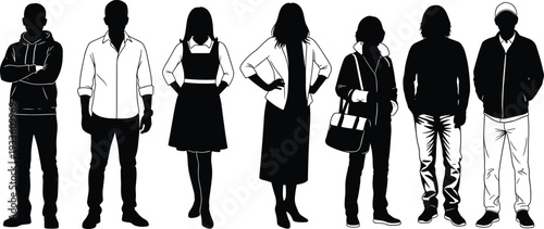 Silhouette group of diverse people standing together, male and female figures in casual and formal attire, fashion posture illustration, demographic vector design for lifestyle themes