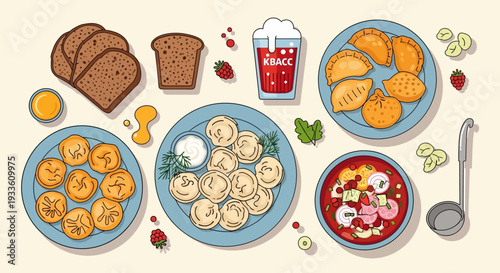 Assorted food items including bread and various dishes are arranged on a table beautifully from a top view