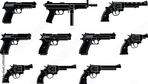Silhouette collection of various handguns and revolvers in side profile view, including pistols and submachine gun, for weapon design, firearm illustration, and security concepts
