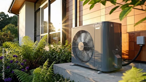Modern Heat Pump Unit Outside Contemporary House With Lush Greenery and Warm Sunset Light